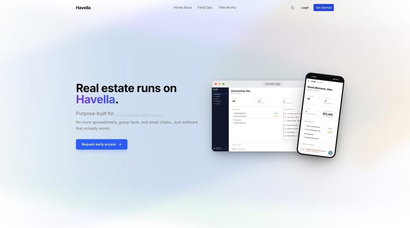 The Havella home page: a landlord dashboard shown on a laptop and a phone, with rent, lease and maintenance figures.